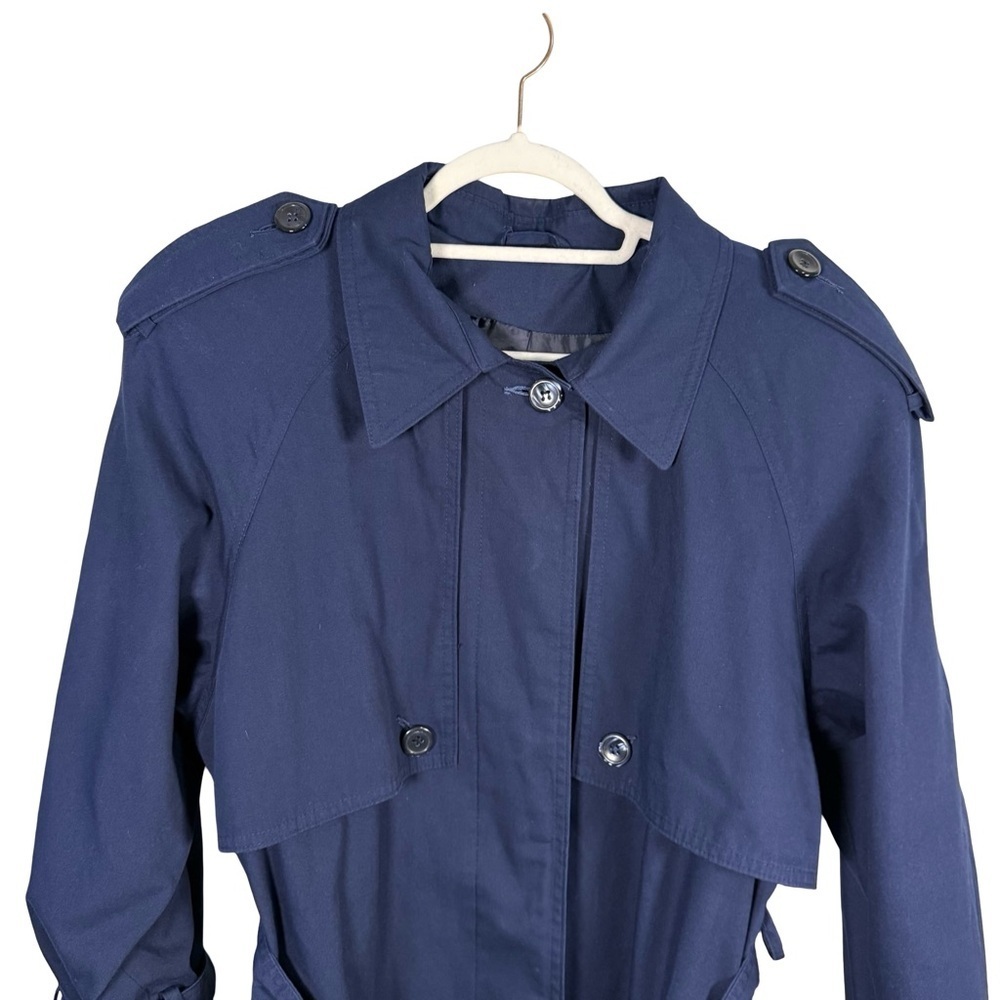 Image Navy Belted Trench Coat Size L or XL Classic Minimalist Outerwear - Picture 13 of 15